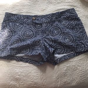 Red camel blue and white patterned shorts